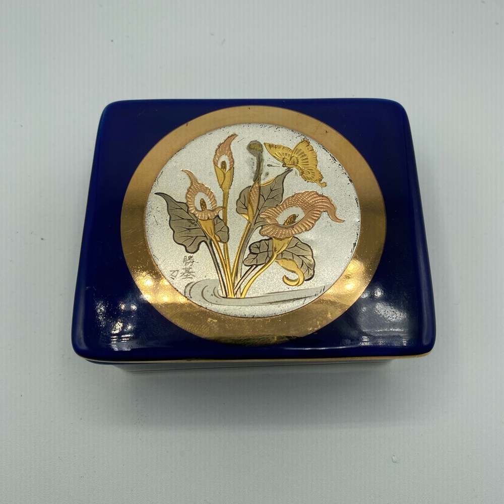 Japanese Chokin - Blue and Gold trinket Box 24K Gold Edged 3 1/4 X 3 3/4 X 1 1/2